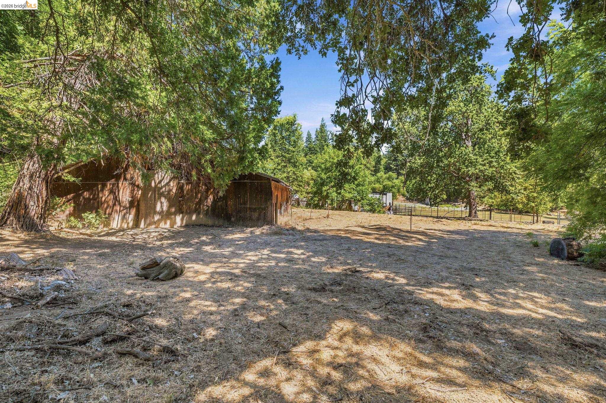 22401 South Fork Road Sonora, CA 95370 - Photo 8 of 34 Wood-sided barn structure surrounded by mature trees, featuring a natural ground cover and partial fencing
