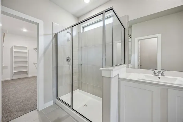 a bathroom with a shower and a sink