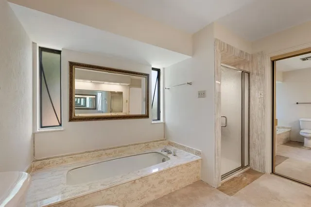 a bathroom with a tub a sink and a mirror