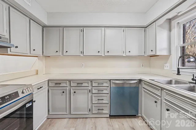 a kitchen with white cabinets appliances and a sink