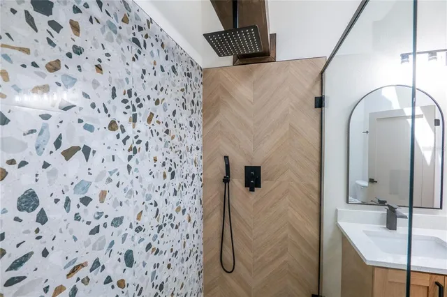 a bathroom with a shower curtain