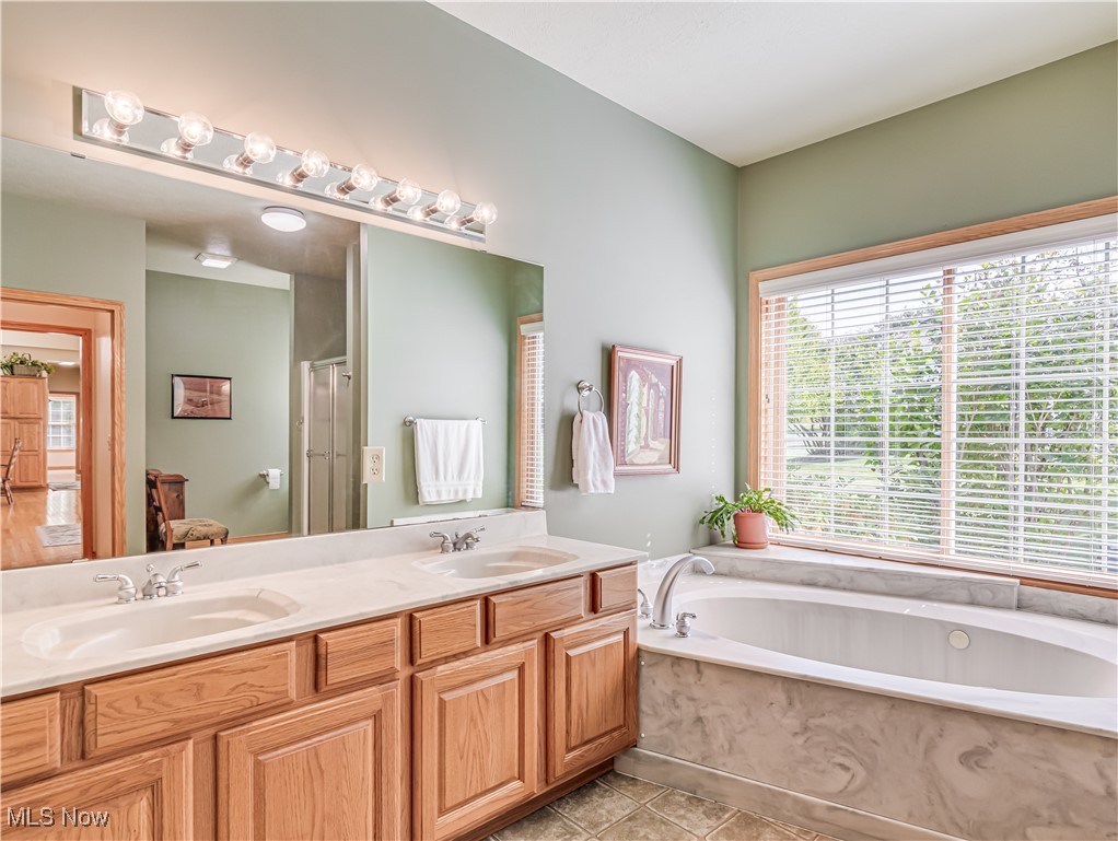 9271 Hubbard Valley Road Seville, OH 44273 - Photo 22 of 44 Primary bath includes tons of light, soaking tub and stand up shower