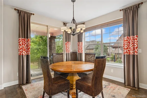 a view of a dining room with furniture and window