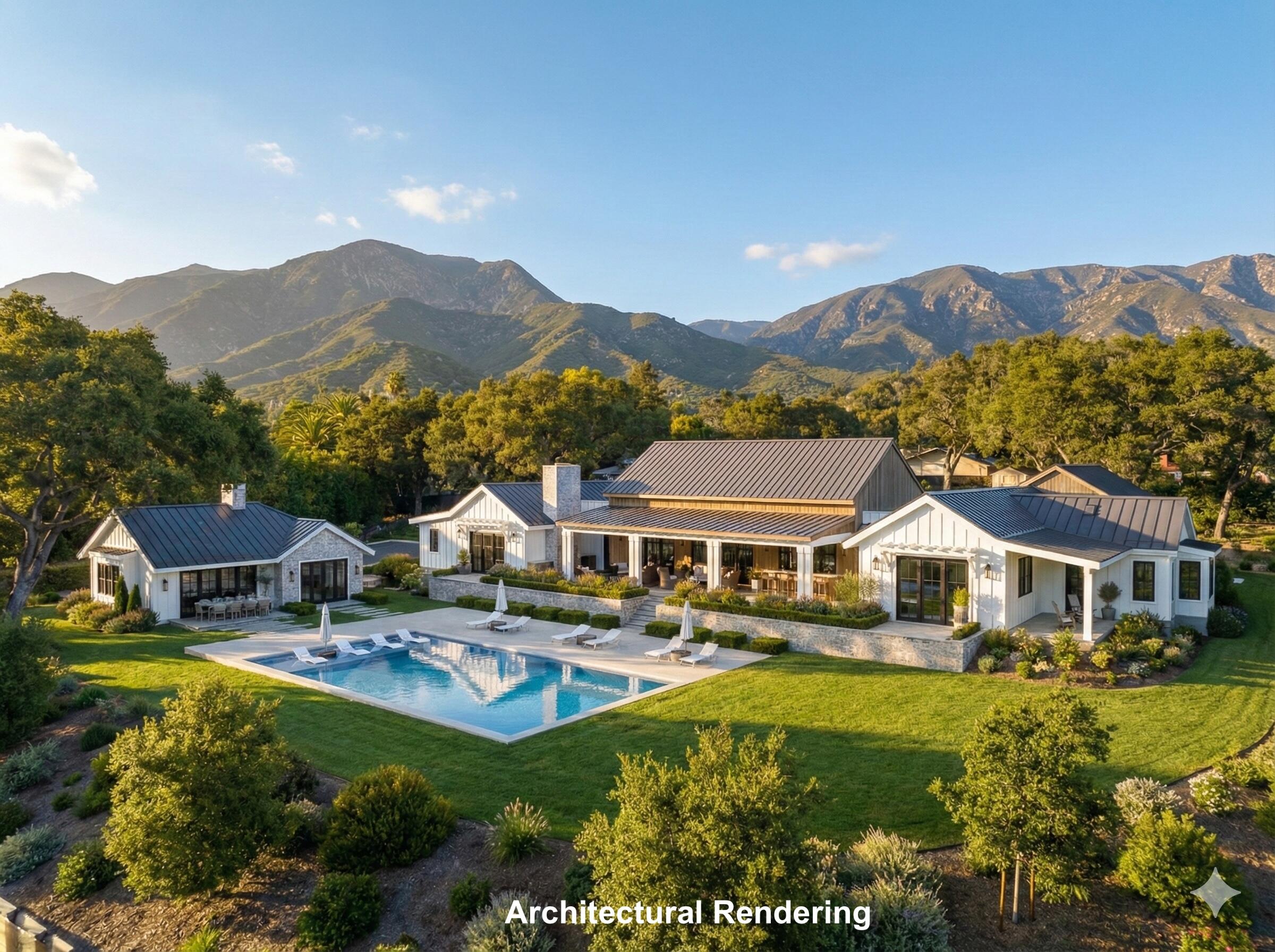 a aerial view of a house with swimming pool and a yard