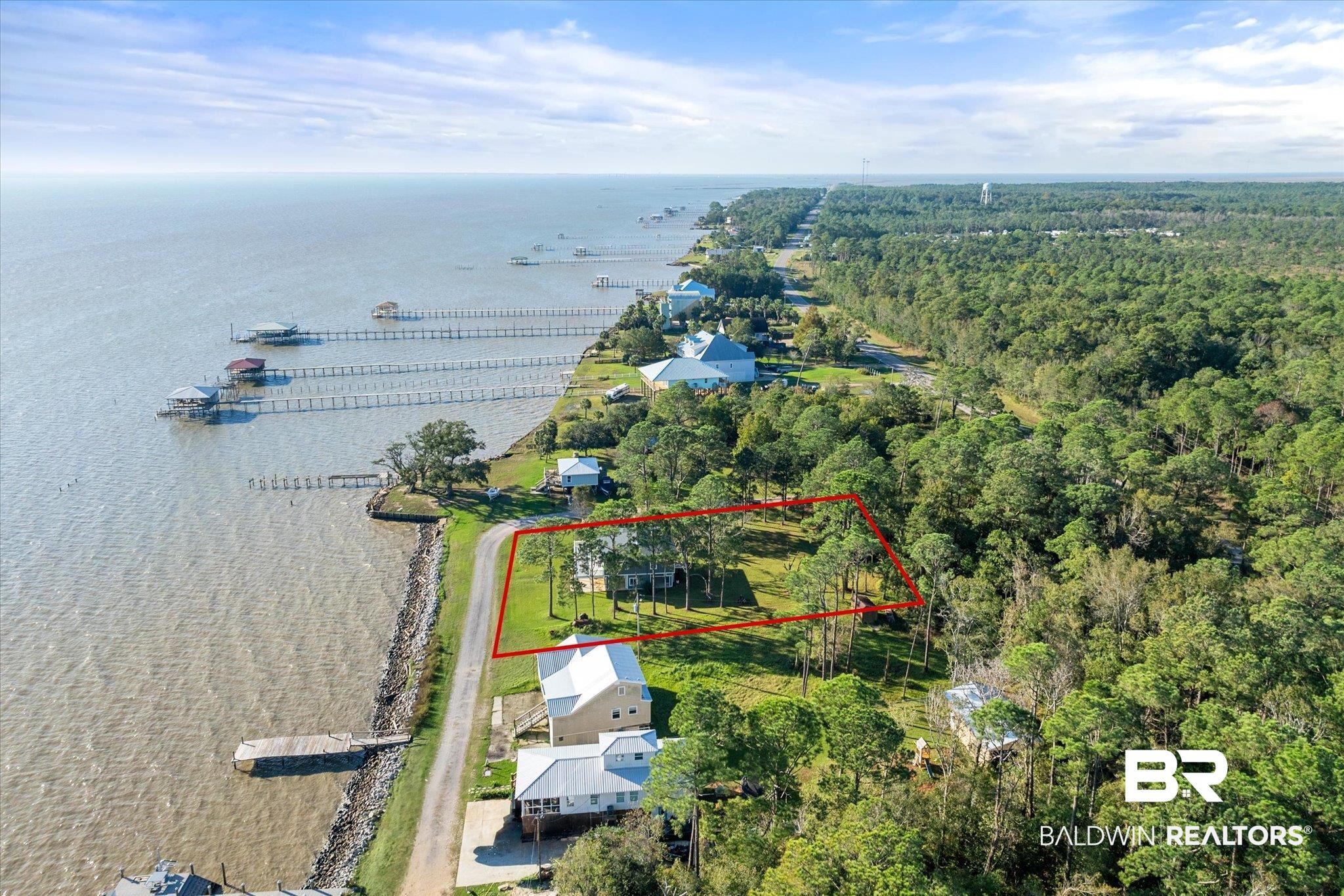 15111 Regus Road Coden, AL 36523 - Photo 24 of 35 Aerial view of property's location featuring property parcel outlined and a large body of water