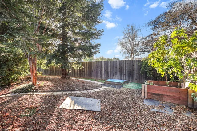 a view of a backyard with tree plants and wooden fence