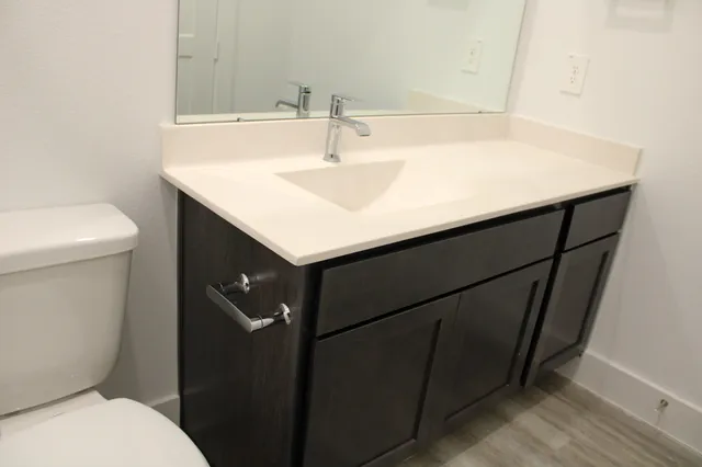 a bathroom with a shower and a toilet