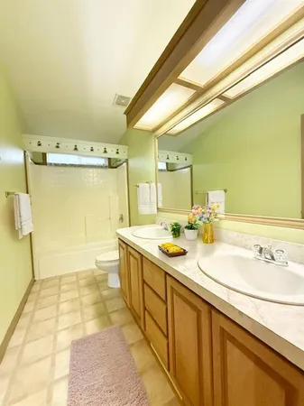 a bathroom with a sink mirror and a shower