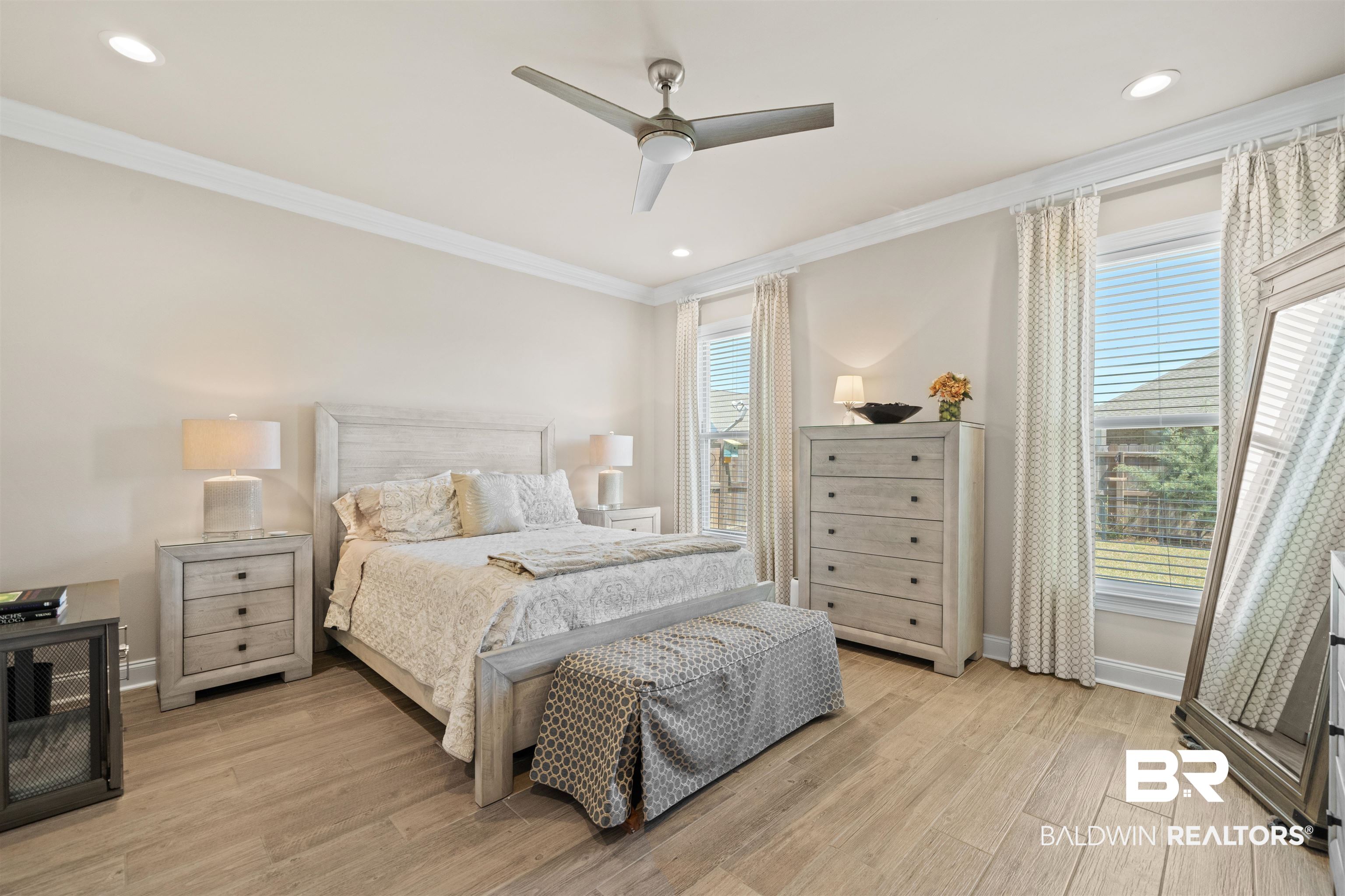 1509 Fenton Circle Foley, AL 36535 - Photo 21 of 34 Bedroom featuring a ceiling fan, light wood-style flooring, baseboards, ornamental molding, and recessed lighting