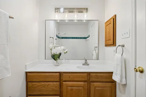 a bathroom with a sink and a mirror