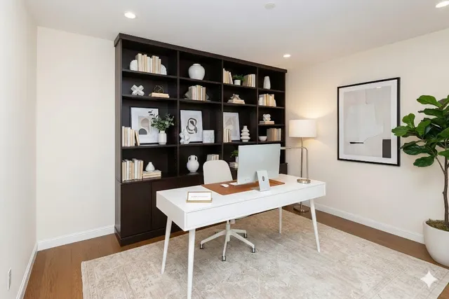 a bedroom with a bed and a potted plant