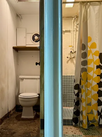 a bathroom with a toilet and a shower
