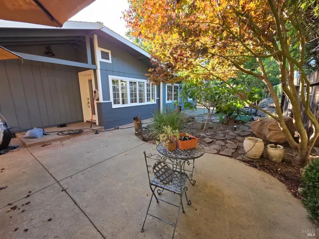 a view of backyard with a patio and plants