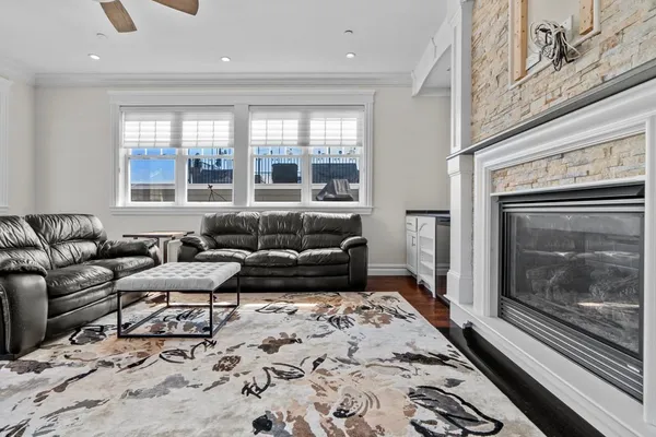 a living room with furniture or couch and a fireplace