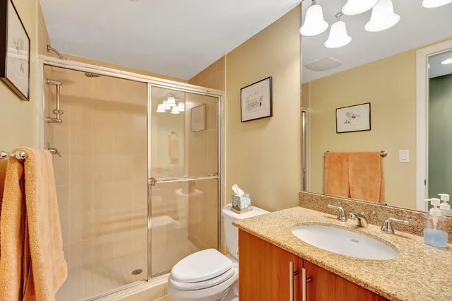 a bathroom with a granite countertop sink toilet and shower