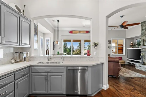 a view of a dining room with furniture