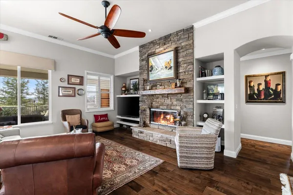 a view of a fireplace with a wooden floor