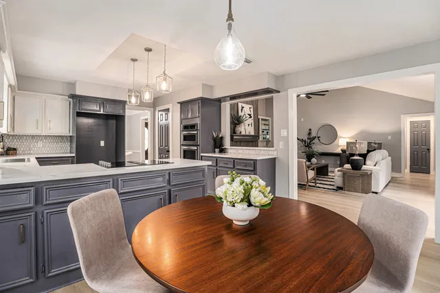 a view of a dining room with furniture
