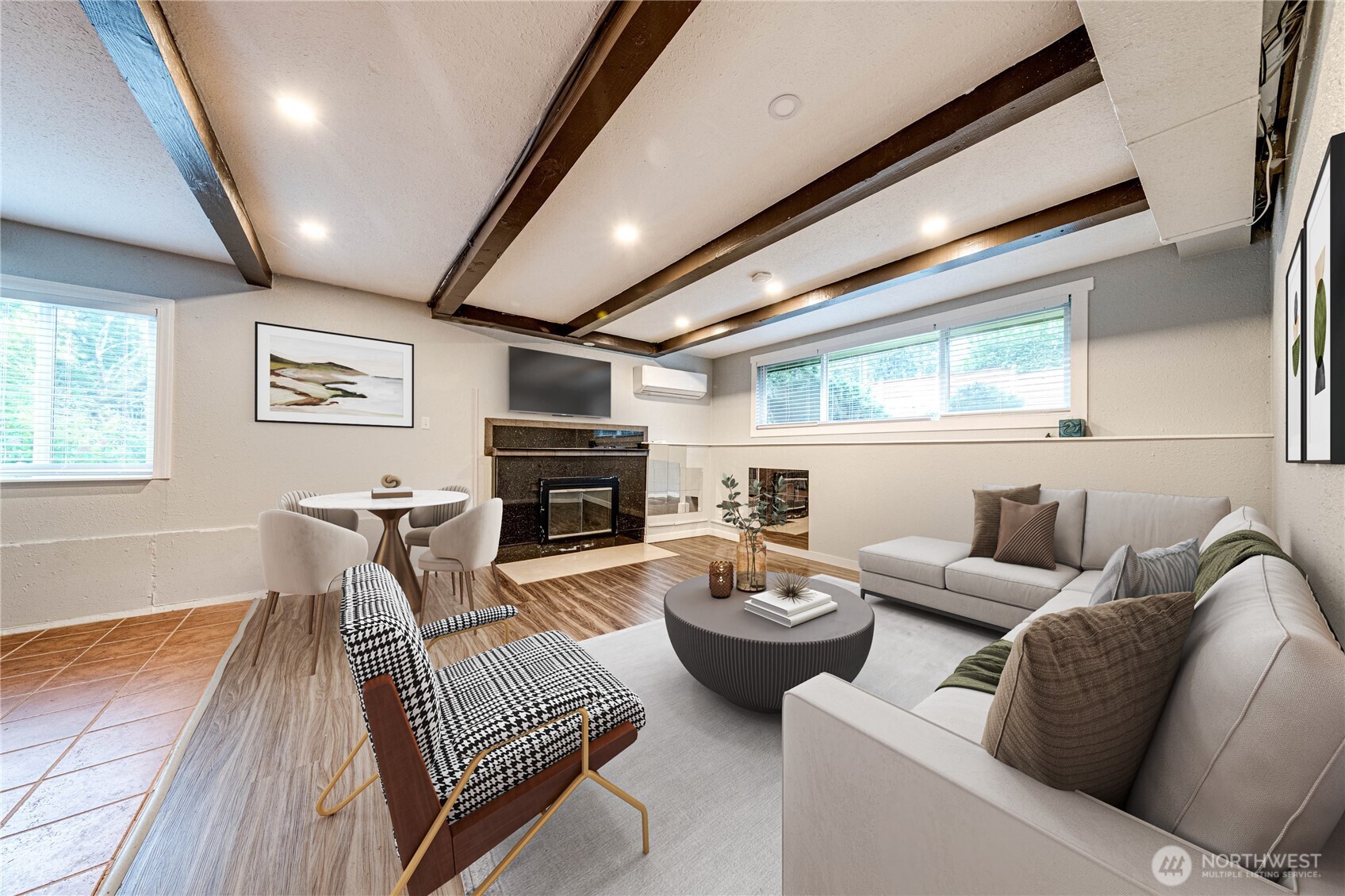 3623 Shelby Road Lynnwood, WA 98087 - Photo 21 of 39 a living room with furniture a fireplace and a large window