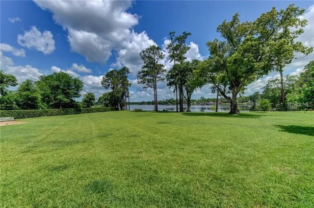 a view of a lake from a yard