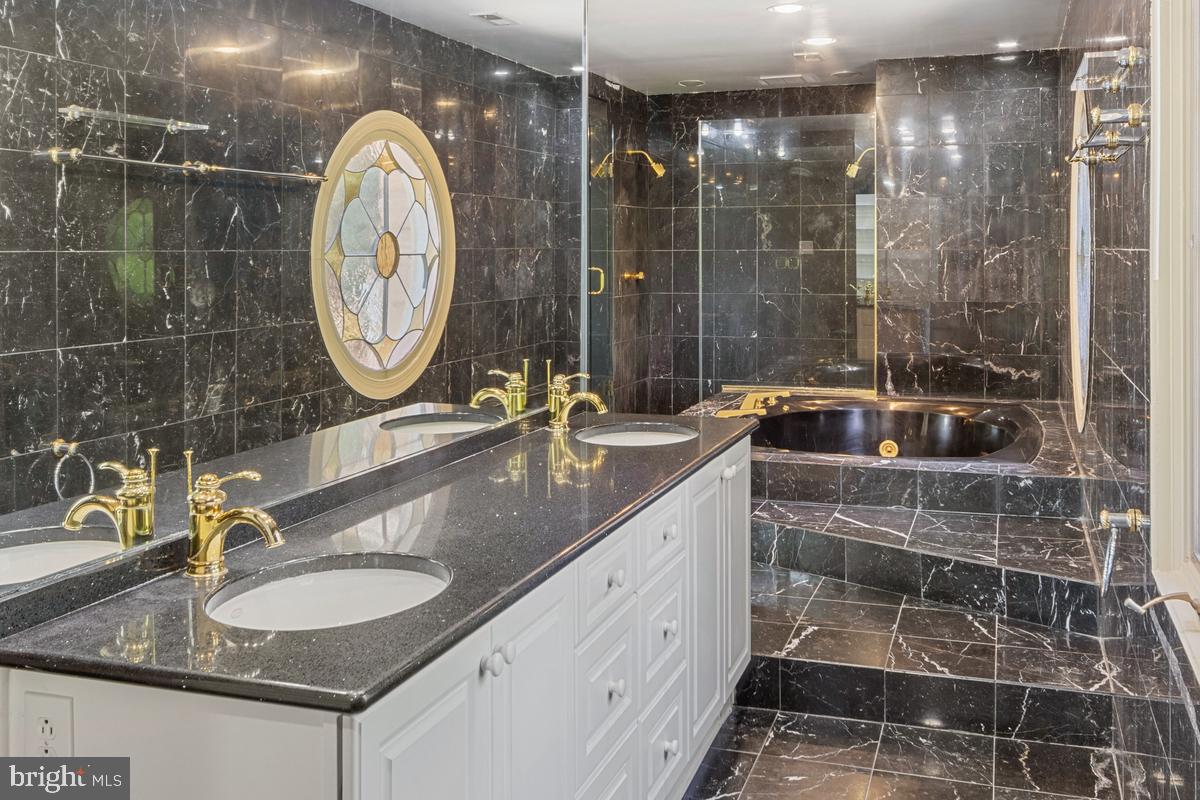 613 Rivercrest Drive McLean, VA 22101 - Photo 25 of 40 a bathroom with a granite countertop sink a mirror and a shower