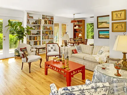 a living room with furniture and a potted plant