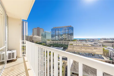 a view of a balcony with city view