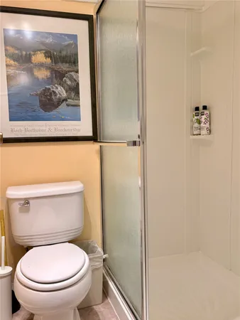 a white toilet sitting next to a shower