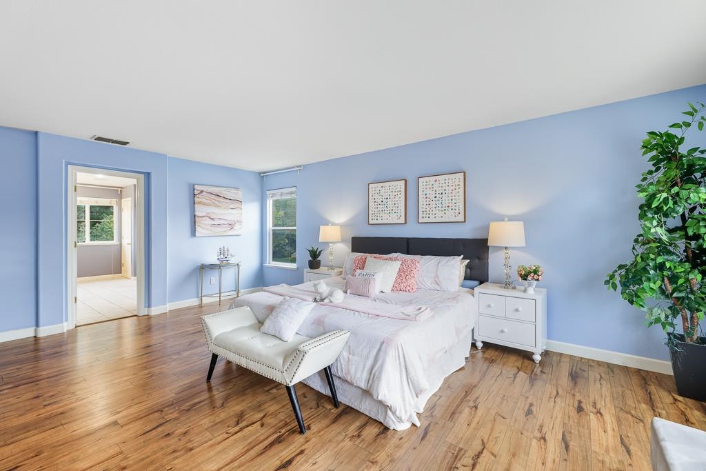 1413 Angus Street Patterson, CA 95363 - Photo 6 of 60 a bedroom with a large bed a potted plant and a wooden floor