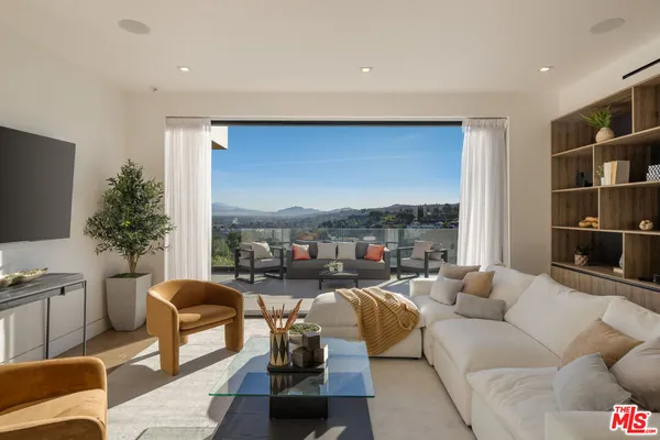 a living room with furniture potted plant and a large window