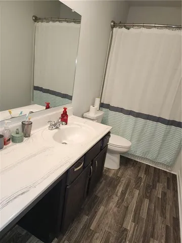 a bathroom with a sink a toilet and a mirror