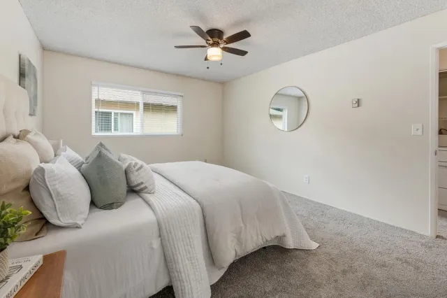 a bedroom with a bed and a window