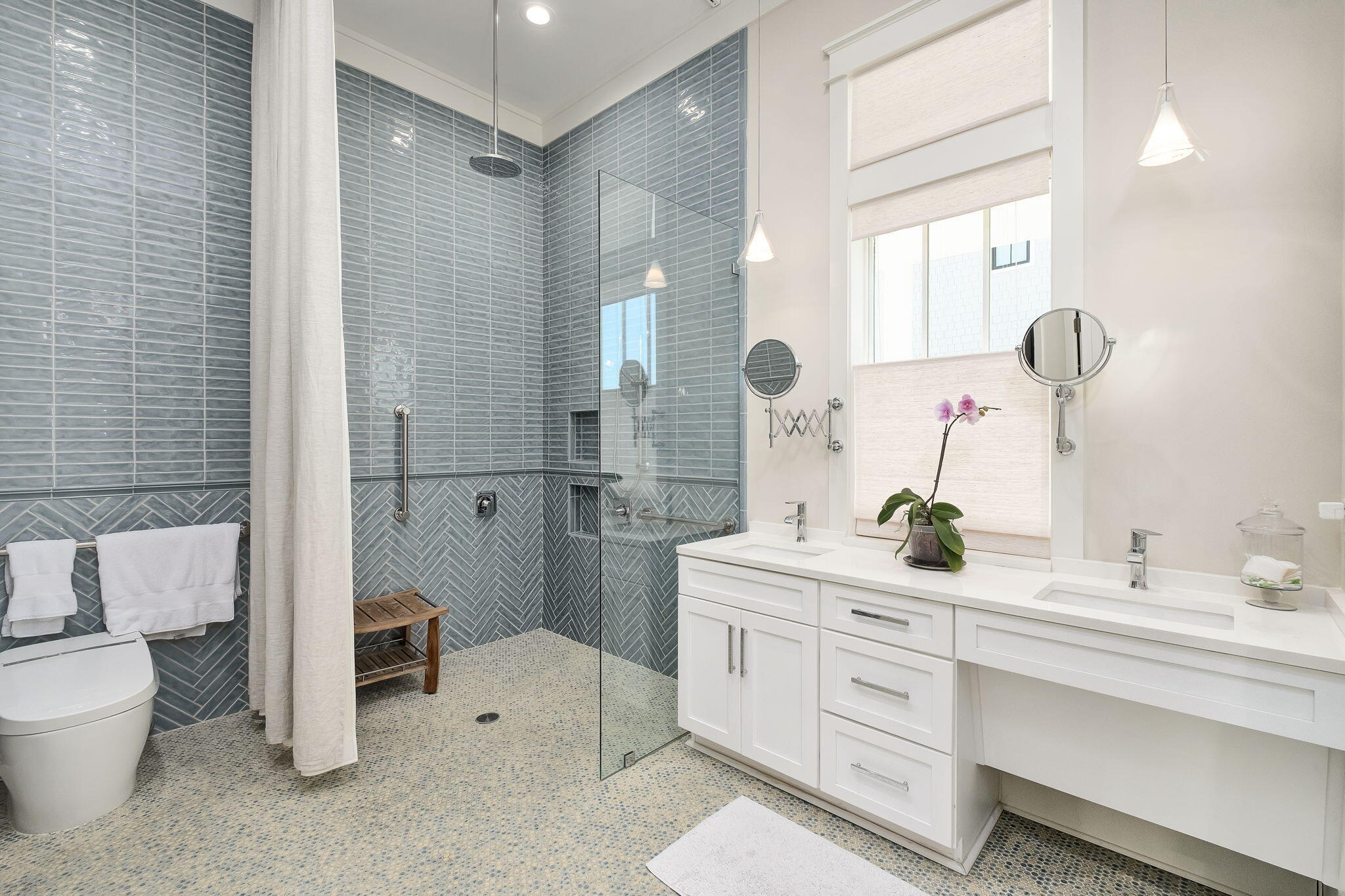 194 Sawbuck Dr Inlet Beach Inlet Beach, FL 32461 - Photo 12 of 38 a spacious bathroom with a double vanity sink toilet mirror and shower