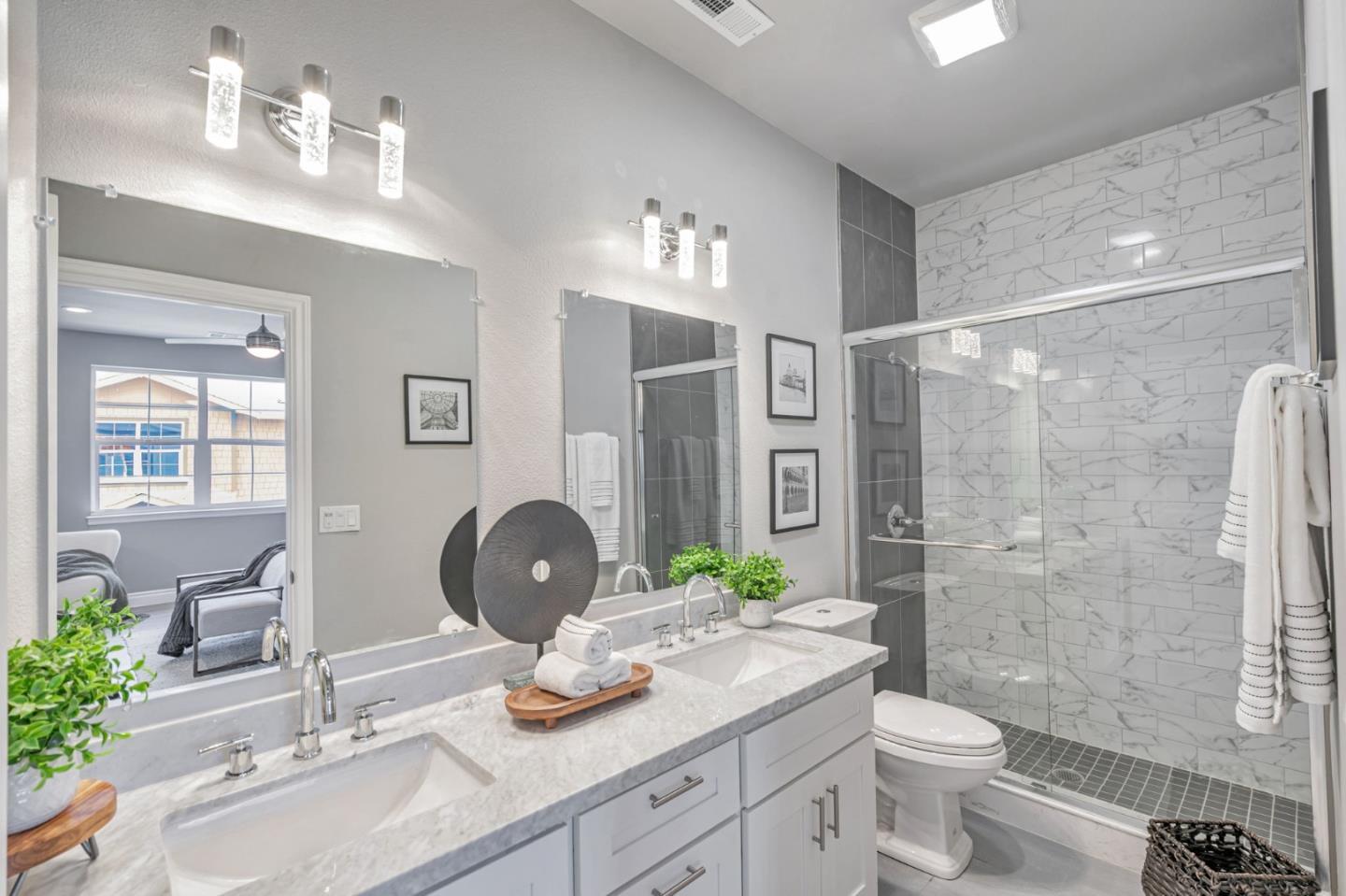24757 Oneil Avenue Hayward, CA 94544 - Photo 14 of 17 a bathroom with a granite countertop sink toilet a large mirror a shower and a mirror