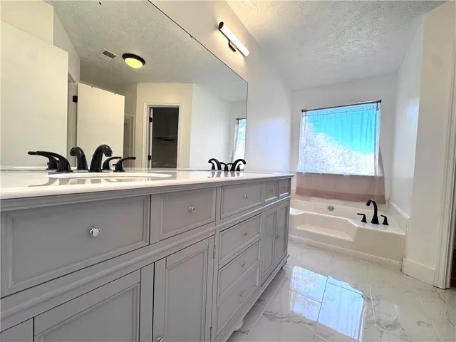 a bathroom with a double vanity sink bathtub and mirror