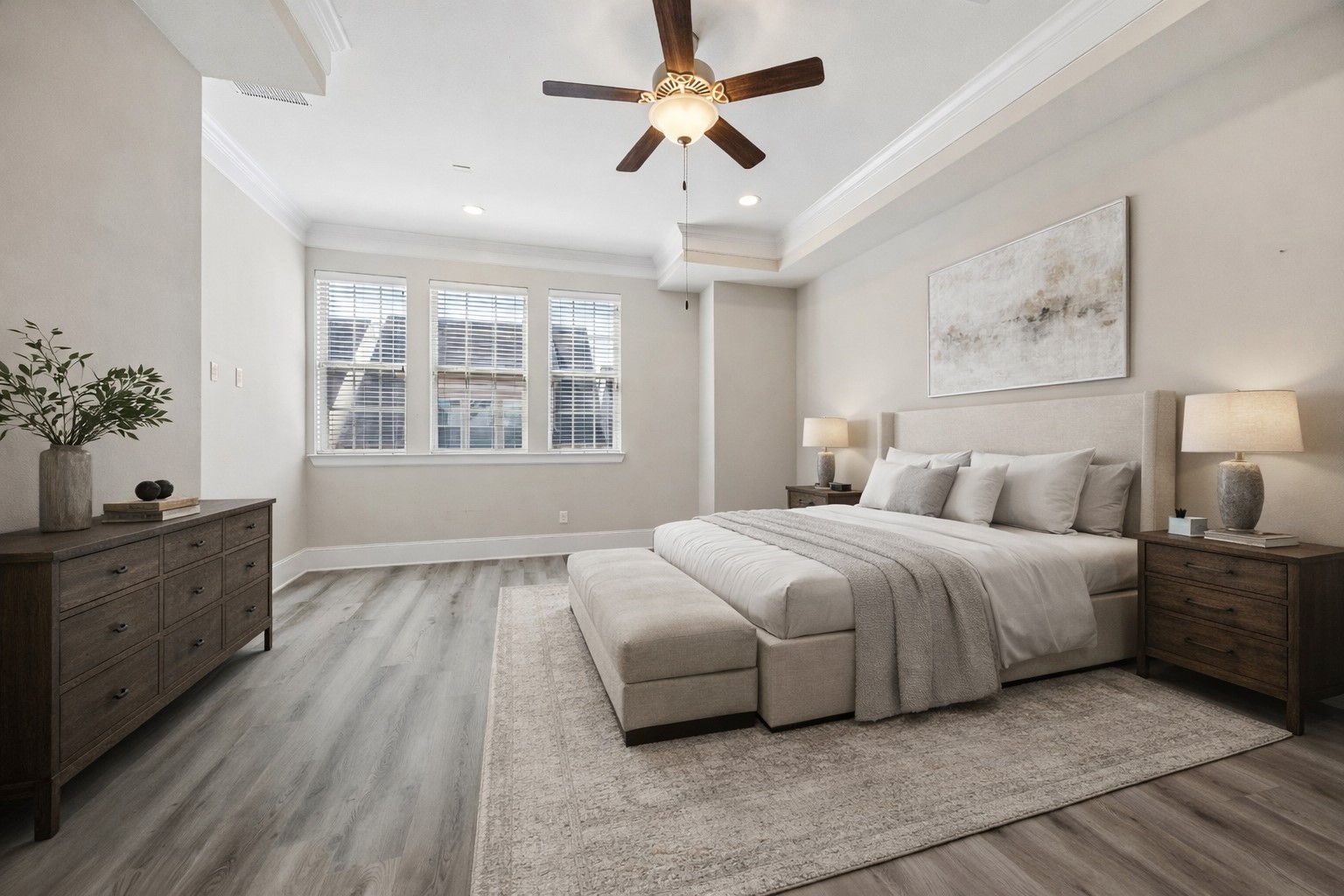 8318 Ginger Oak Street Houston, TX 77055 - Photo 8 of 20 a spacious bedroom with a large bed and a chandelier fan