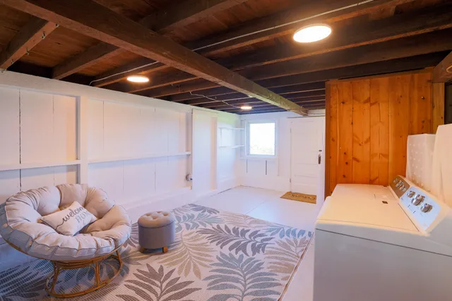 a view of a garden with an outdoor space