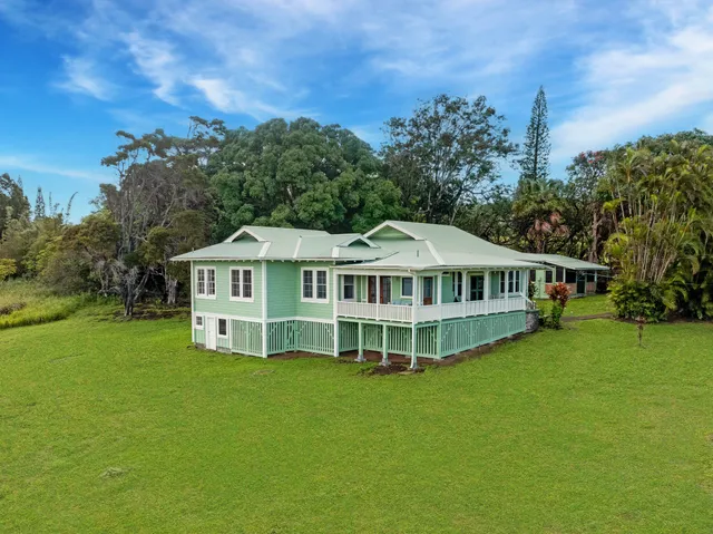 a view of a backyard with plants and a patio