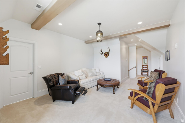 930 Price Farm Court Midway, UT 84049 - Photo 27 of 42 Living room featuring light colored carpet, recessed lighting, and ceiling with beams