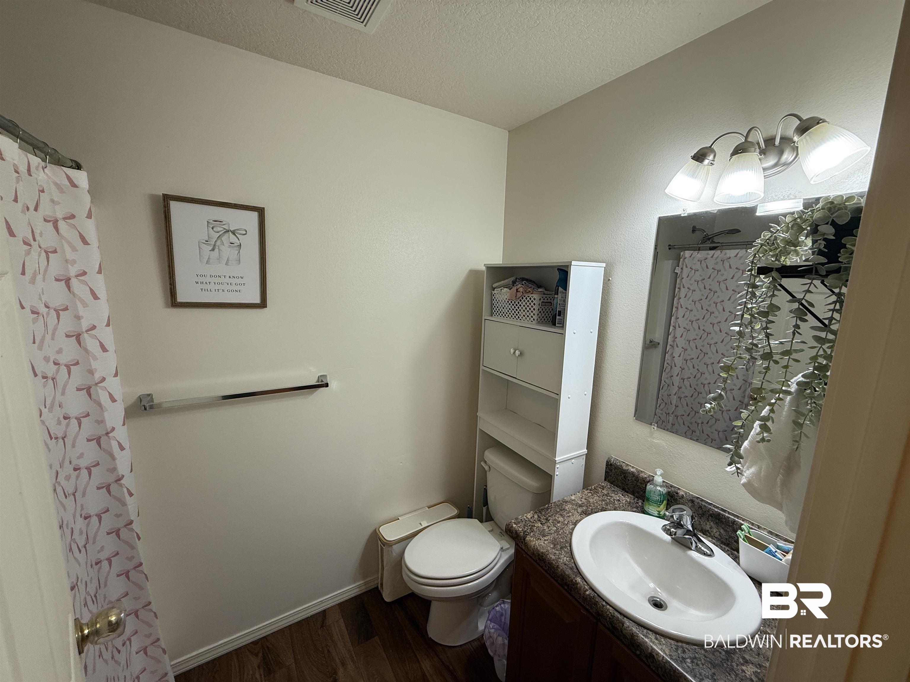 820 Fannie Road Century, FL 32535 - Photo 23 of 29 Bathroom featuring a textured ceiling, wood finished floors, vanity, and a shower with curtain