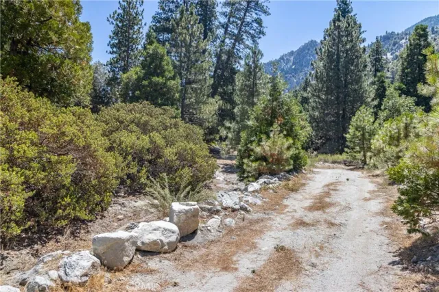 a view of a lake in between two of trees