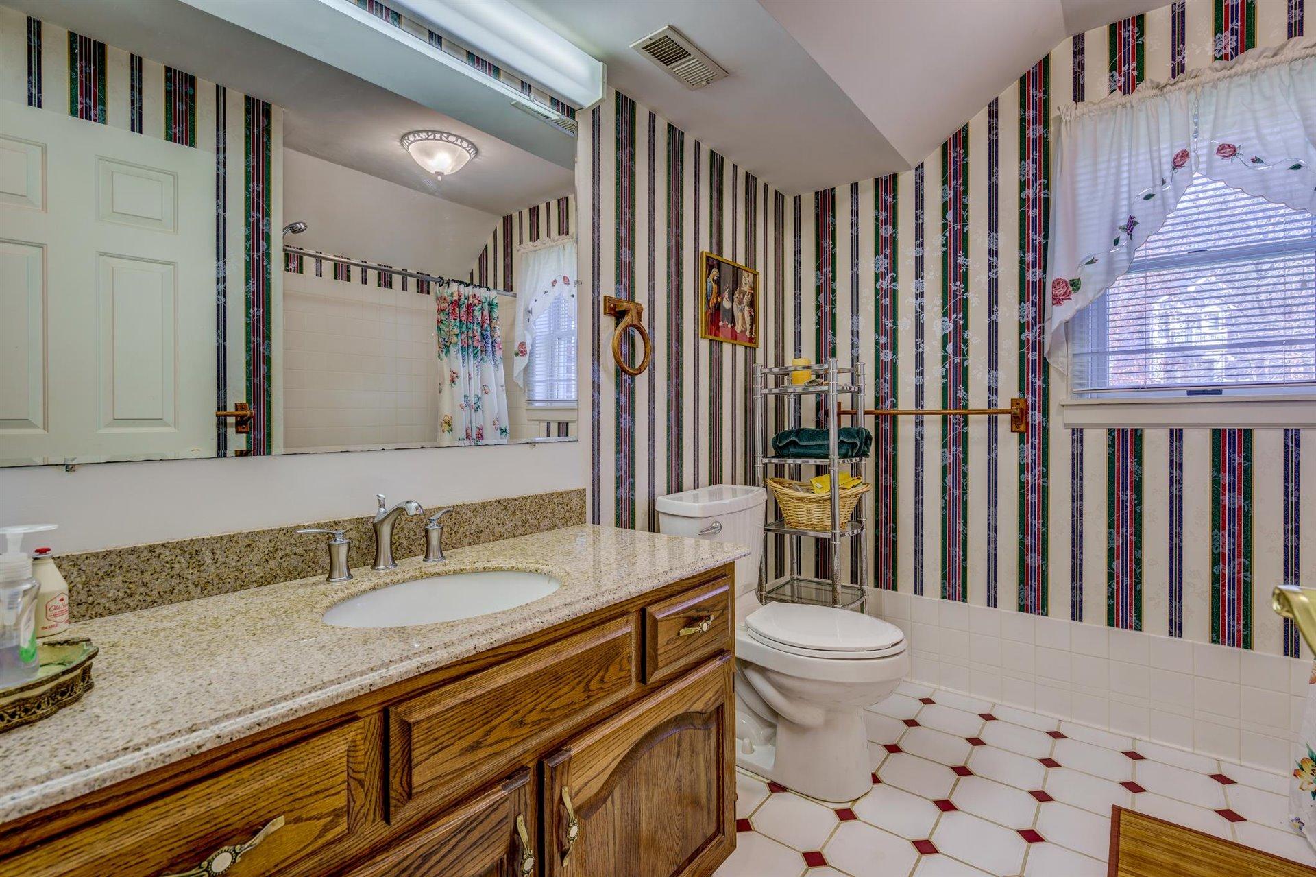 171 Sandy Point Court Union Hall, VA 24176 - Photo 33 of 65 a bathroom with a granite countertop sink a toilet a mirror and shower curtain