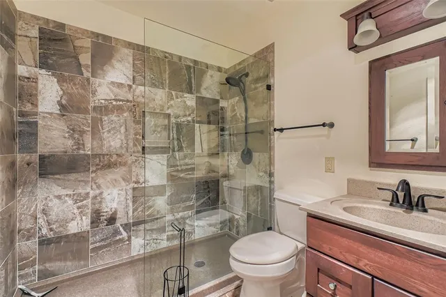 a bathroom with a sink toilet vanity and shower