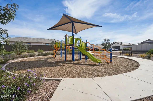 an outdoor space with seating