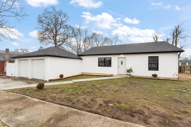 a view of a backyard with a large tree