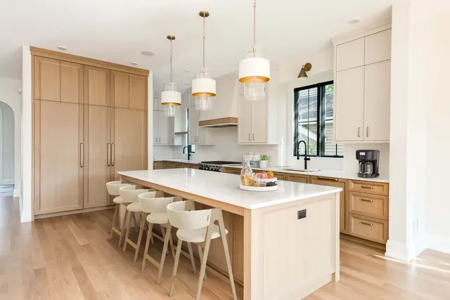 a kitchen with a sink a counter space appliances and cabinets