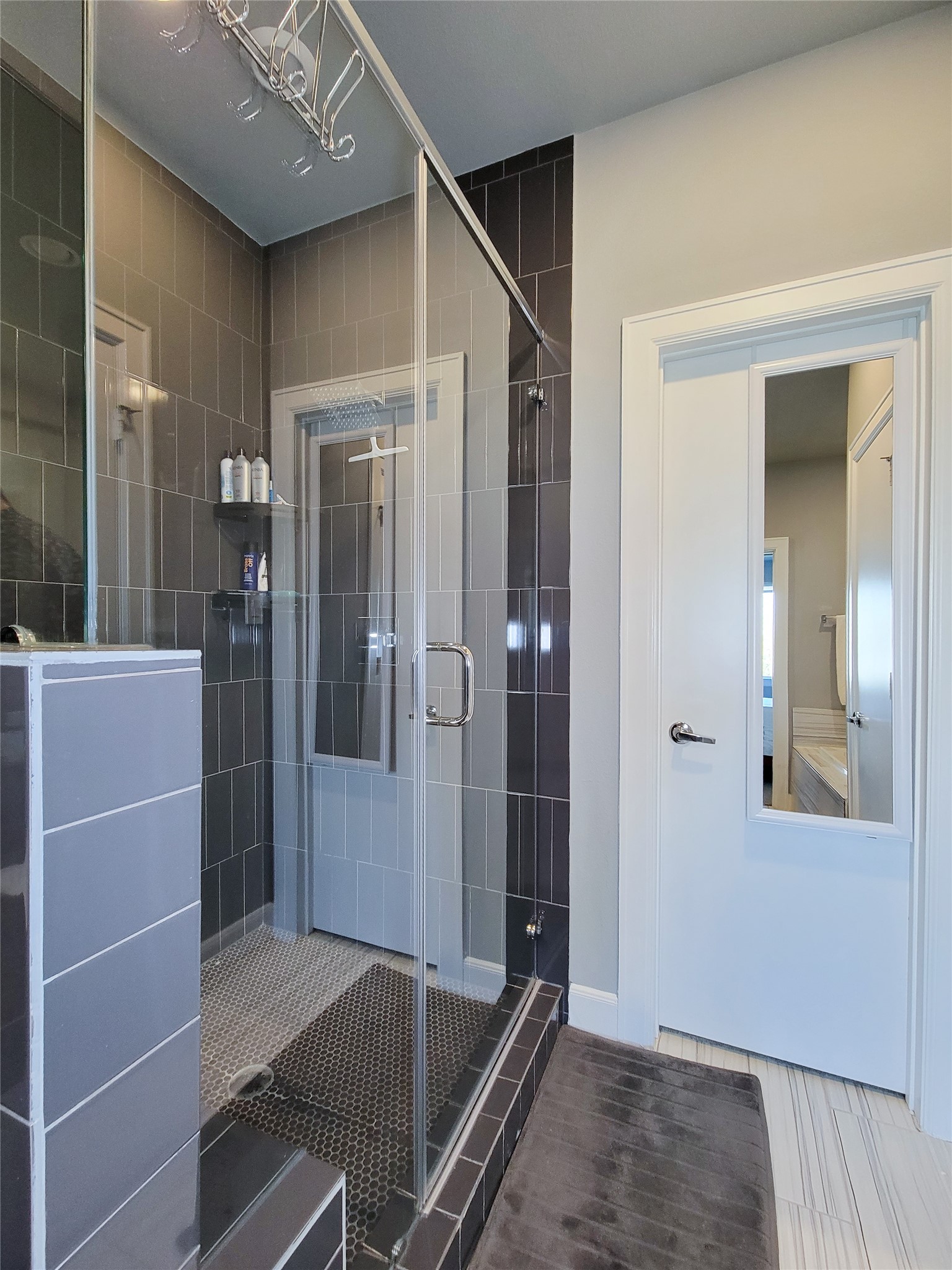 1705 Eado Point Lane Houston, TX 77003 - Photo 44 of 50 Modern, sleek, glass-enclosed shower featuring dark wall tiles and a built-in shelf. The space is complemented by a light color scheme, a mirrored door, and stylish fixtures, creating a clean and contemporary feel.
