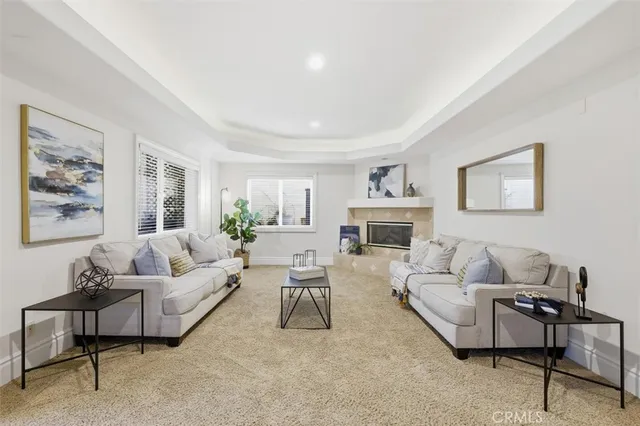 a living room with furniture and a fireplace