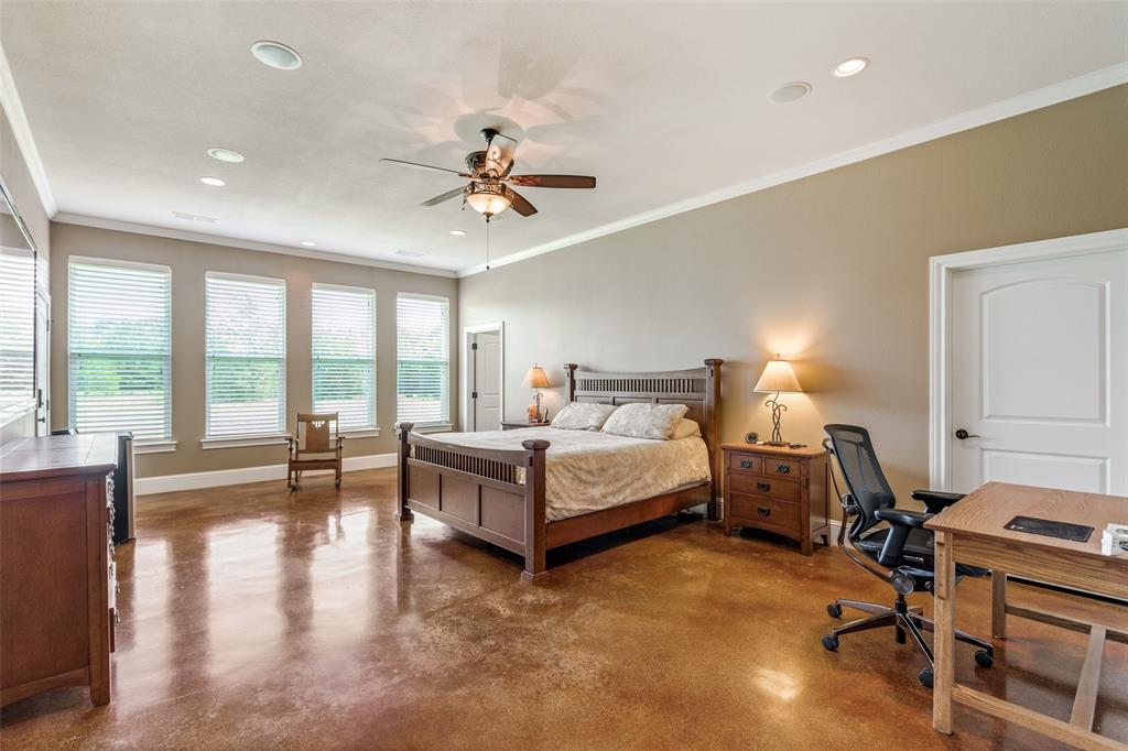 643 County Road 2255 Telephone, TX 75488 - Photo 28 of 40 Bedroom with a desk, finished concrete floors, ornamental molding, recessed lighting, and a ceiling fan