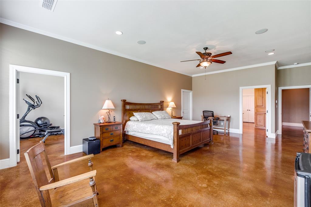 643 County Road 2255 Telephone, TX 75488 - Photo 29 of 40 Bedroom featuring ornamental molding, concrete flooring, recessed lighting, ceiling fan, and an office area